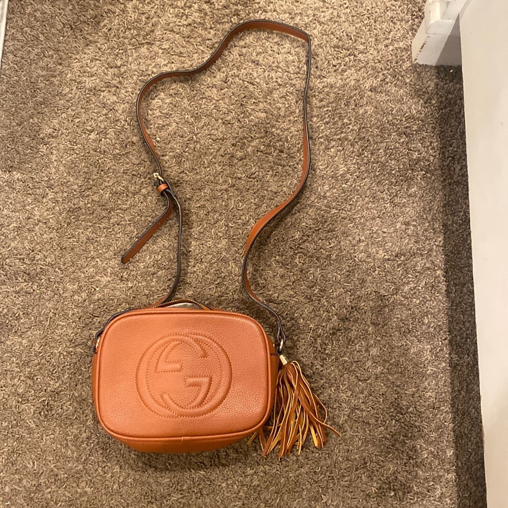 Brown, vegan leather camera shoulder bag, gently used